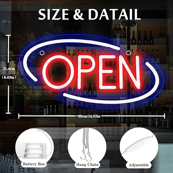Open Neon Signs Battery Operated, Usb Powered Open Signs for Wall Decor, Adjustable Brightness Display Sign for Window Store Club Hotel Bar Shop Coffee Salon Hotel Walls(USB Powered/16.5 * 8.4 in)