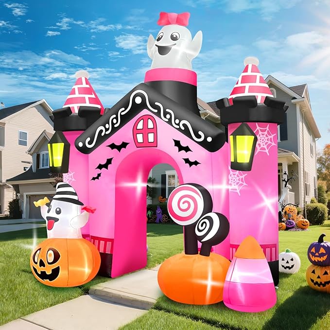 Kalolary 12 FT Halloween Inflatables Ghost Archway Outdoor Decorations, Pink Castle Arch Blow Up Yard Decorations Scary Inflatable with Build-in Lights for Yard Garden Lawn Indoor Outdoor Decor