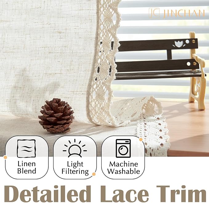 jinchan Linen & Polyester Blend Beige Curtains 84 Inch Length 2 Panels Curtains with Lace Trim for Living Room Rustic Farmhouse Curtain Rod Pocket Back Tab Light Bedroom Window Curtain Set