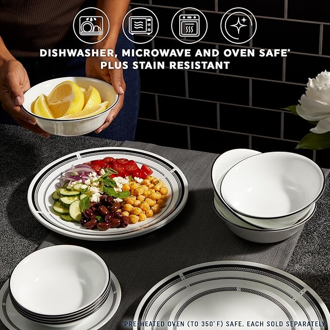 Corelle 6-Piece 8.5" Lunch Round Plates, Vitrelle Triple Layer Glass, Lightweight Round Plates, Salad Plates, Chip and Scratch Resistant, Microwave and Dishwasher Safe, Brasserie, Medium