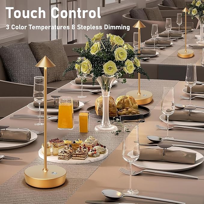 Rechargeable Cordless Table Lamp, 6000mAh LED Battery Operated Desk Lamp Touch 3 Color Stepless Dimming Portable Outdoor Waterproof Table Light for Patio/Restaurant/Dining/Home (Gold)