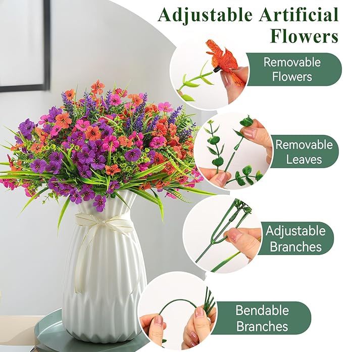 36 Bundles Artificial Flowers for Outdoors Spring Summer Decoration, UV Resistant Eucalyptus Violet and Lavender Silk Fake Plants for Outside Indoor Yard Home Patio Decor, Orange Rose Purple