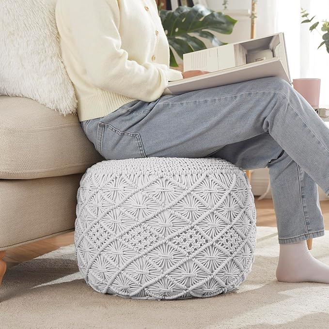Ornavo Home Pouf Ottoman Foot Rest - 100% Cotton Pouffe - Hand Knitted Macrame Braid - Boho Round Stuffed Ottoman for Living Room, Bedroom - White