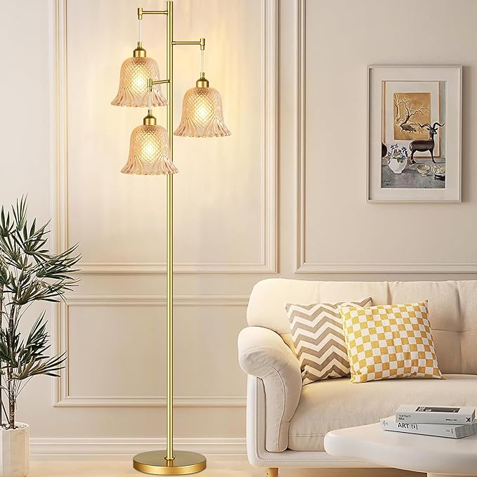 Gold Floor Lamp for Living Room,Bedroom,Tree 3 Light Standing Lamp Mid Century Modern Brass Tall Floor Lamps Vintage Retro Floor Lights Glass Green Flower Lamp Shade Farmhouse Boho Bohemian