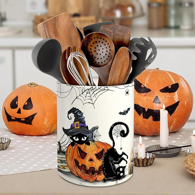 pinata Halloween Kitchen Decor Ceramic Utensil Holder, Cute Halloween Cat Pumpkin Utensils Holder, Ceramic Utensils Crock for Rustic Farmhouse Indoor Kitchen Decorations(6.3 Inches)