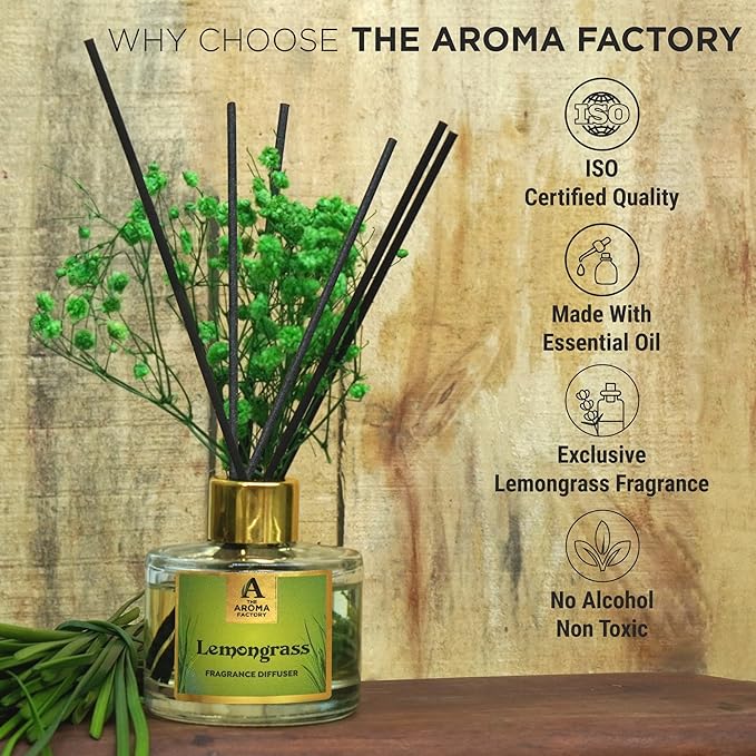 The Aroma Factory Fragrance Reed Diffuser Set with Natural Essential Oil, Aroma Sticks & Real Preserved Flowers | Luxury Home Decor Scent (Lemongrass, 1 Pack)