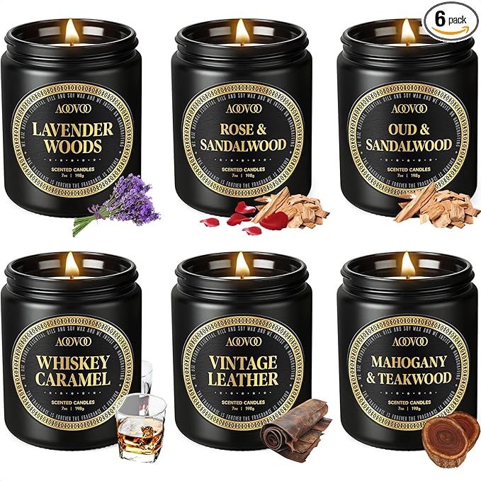 AOOVOO Scented Candles Gift Set - 6 Pack Men Candles for Home Scented, Soy Candle for Men, 42 oz 300 Hour Long Lasting Candle Set for Birthday, Father's Day, Valentine, Christmas, Anniversary