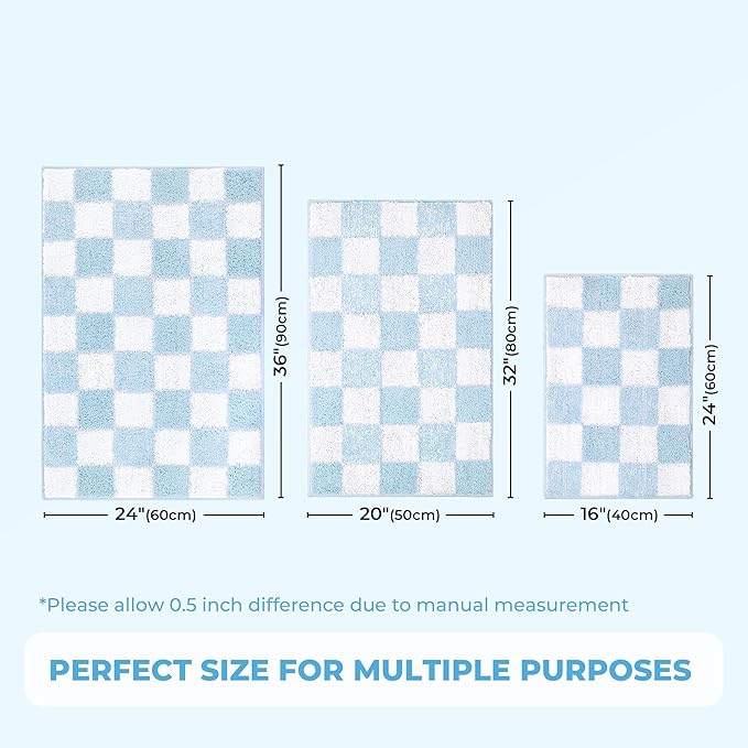 GRANNY SAYS Checkered Blue Bathroom Rugs, 36" x 24", Non-Slip Bath Mats for Bathroom, Plush Shag Absorbent Microfiber Ultra Soft Bath Mat, Cute Washable Rug for Tub, Shower, Bedroom