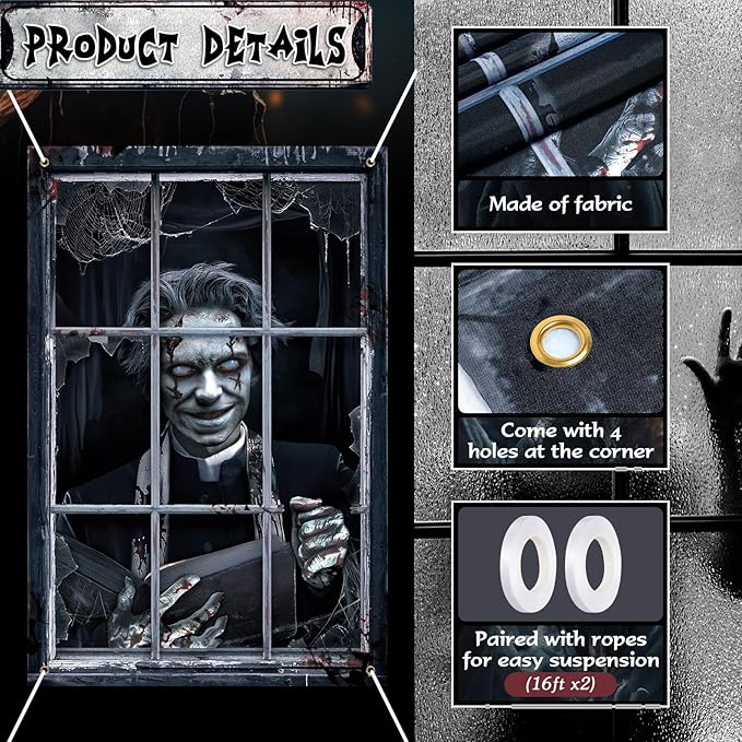 2 Pcs Halloween Scary Curtain Halloween Window Silhouette Decoration Blood Ghost Window Cover Horror Theme Poster for Indoor Outdoor Party Wall Garage Door Decor(Zombies and Ghost)