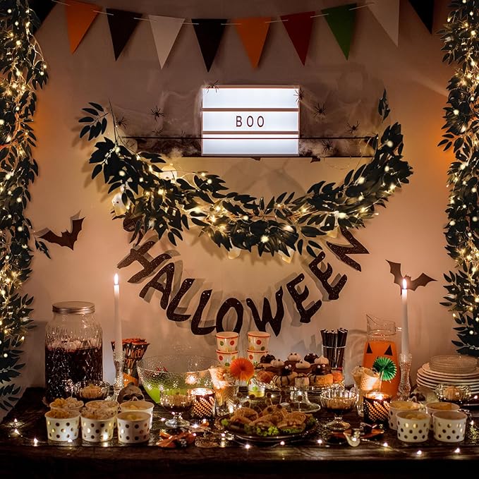 Artificial Black Willow Leaves Vine Twigs Whit Light 2Pcs 5.7Ft Fake Hanging Black Halloween Garland Faux Silk Willow Leaves Ivy Indoor Outdoor Jungle Birthday Autumn Wreath Halloween Party Decor