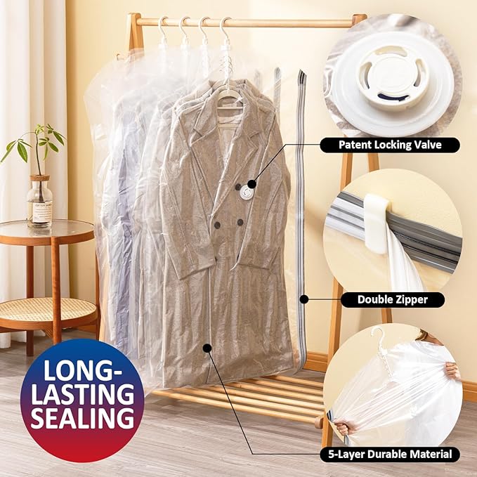 Hanging Vacuum Storage Bags, 6 Pack Hanging Storage Bags for Clothes With Electric Pump, Vacuum Sealed for Suits, Dress, Jackets (6 Short)