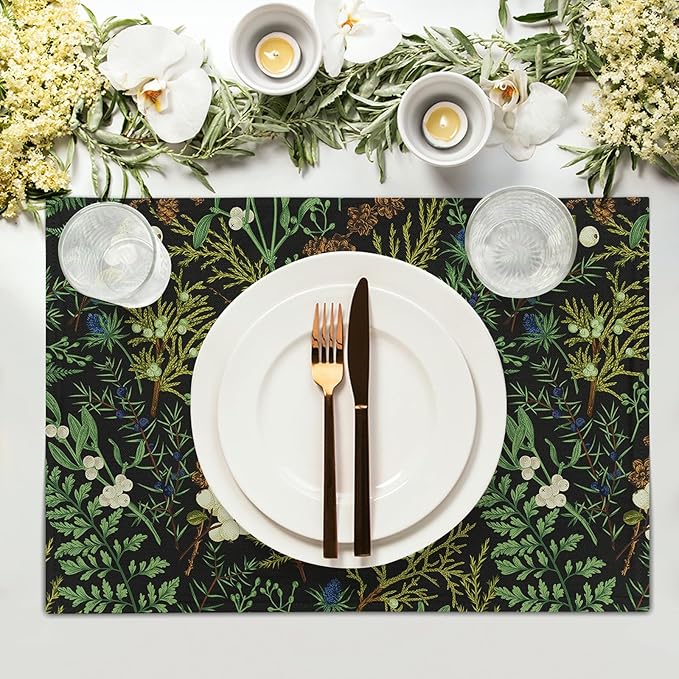 Green Leaves Placemats Set of 4 Botanical Fern Leaf Floral Place Mats Washable Kitchen Dining Spring Summer Black Linen Table Mats Stain Heat-Resistant for Home Party Indoor 12x18 in