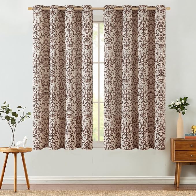 jinchan Linen Curtains for Bedroom Brown Damask Patterned Curtains 63 Inch Length for Living Room Light Filtering Vintage Baroque Style Drapes Grommet Window Treatments 2 Panels Set