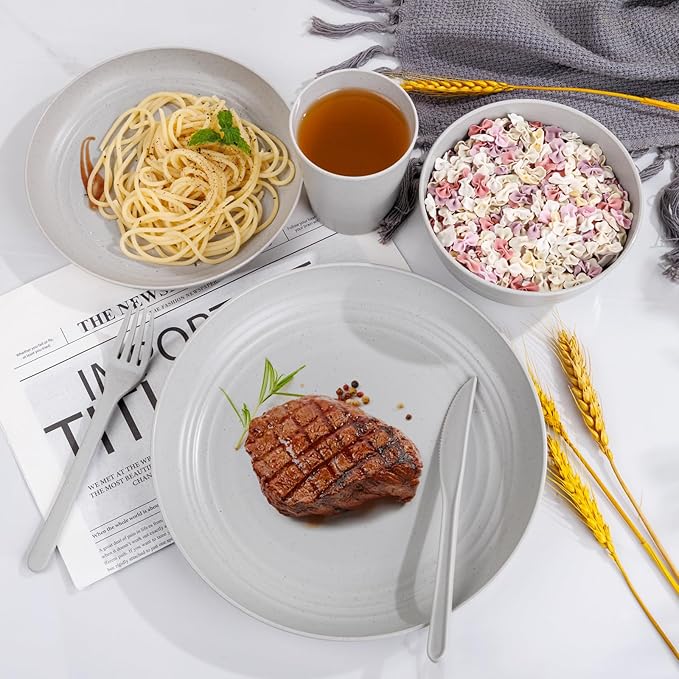 LIYH 48 Pcs Wheat Straw Dinnerware Set,Plates and Bowls Set,Camping Dish Set for 12, Plastic Dinnerware Set,Dishwasher Safe Dinnerware Set, Unbreakable Plates,Camping Dish Sets (Light Grey)