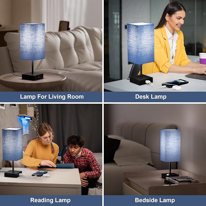 Sailstar Bedside Table Lamp for Bedroom, 3 Way Dimmable Touch Lamp with USB C+A Charging Ports, Small Nightand Lamps for Bedroom Decor, Living Room, LED Bulbs Included, Upgraded Navy Blue