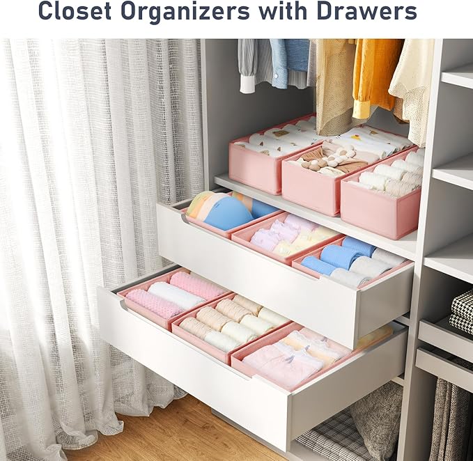 DIMJ Drawer Organizer Clothes - Underwear Organizer Closet Organizers and Storage Box Dresser Organizer,Drawer Dividers for Baby Clothes,Bra,Socks, Belt, Tie, Set of 6,Pink