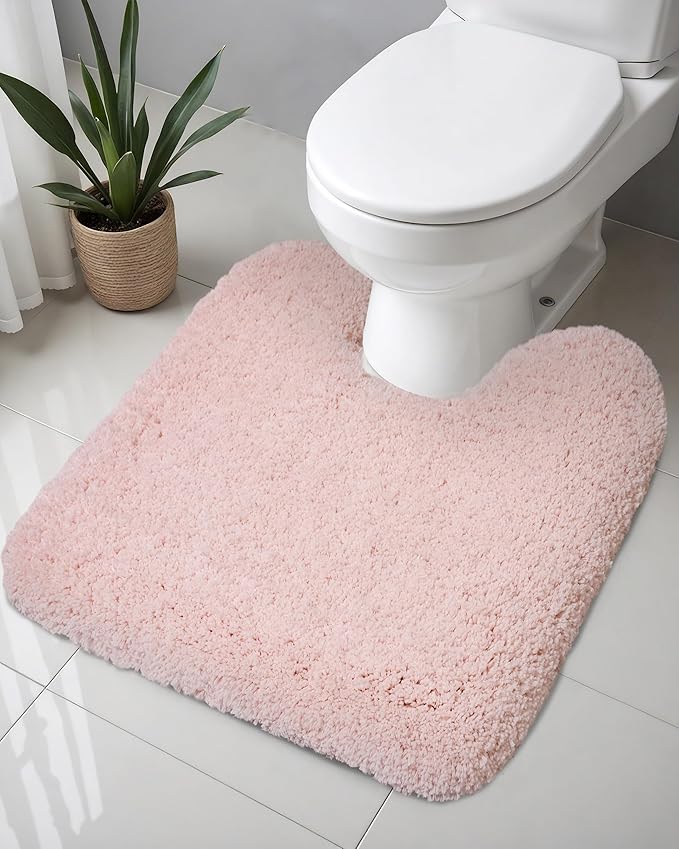 ILANGO Pink Toilet Rugs U Shaped 22" × 24" Non Slip & Super Absorbent Extra Thick Soft, Washable Bath Mats for Bathroom Floor, Microfiber Plush Shaggy Contour Bath Rugs for Toilet,Dry Quick