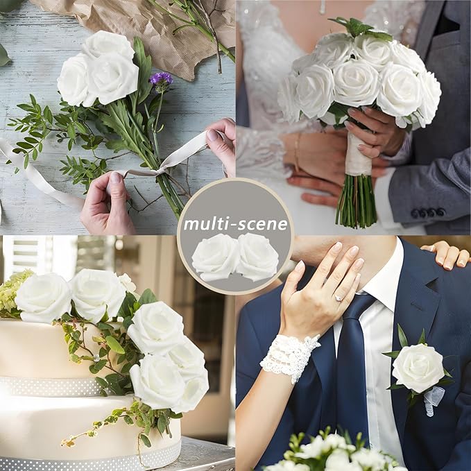 200PCS Artificial Flowers White Roses Real Looking Foam Fake Roses with Leaves and for DIY Wedding Bouquets Bridal Shower Centerpieces Party Decorations (White, 200)