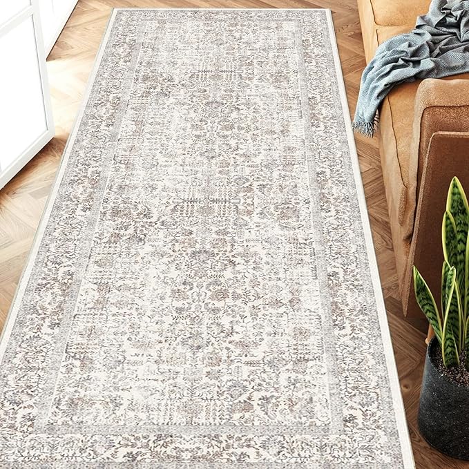 Taupe Runner Rug 2x8 Hallway Machine Washable Kitchen Vintage Distressed Non Slip Long Carpet Indoor Retro Floral Bedroom Accent Throw Rug for Bathroom Office Laundry Dining Living Room