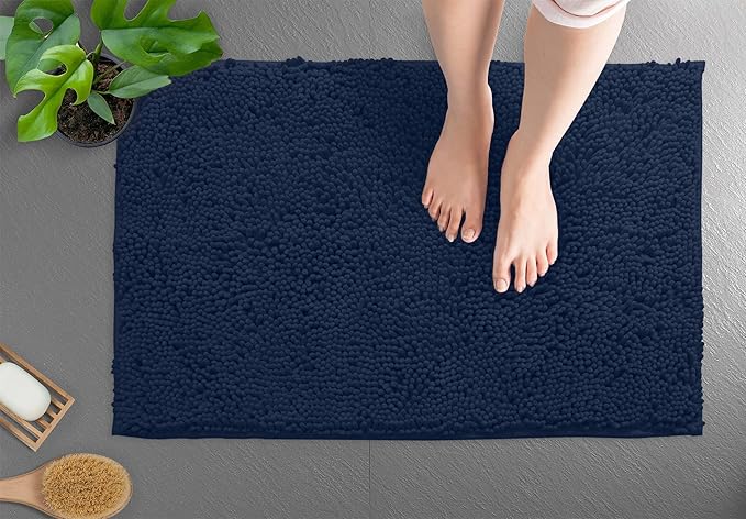 LuxUrux 2 Piece Bathroom Rug Set - Premium Plush Bath Mat Shower Rugs, 1" Chenille Microfiber, Non-Slip & Absorbent, Soft & Cozy, Durable Stylish (20x30 & 16x24 inches, Navy)