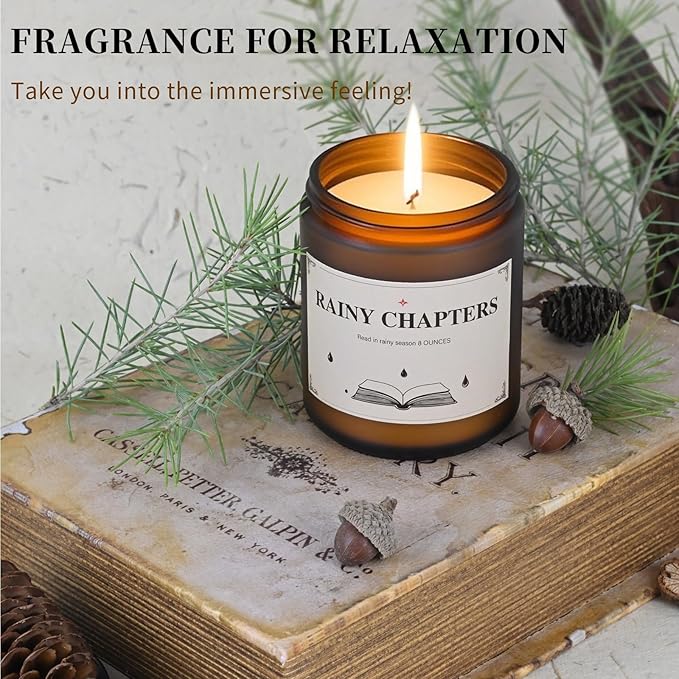 Rainy Chapters Scented Jar Candle - 100% Soy Wax Aromatherapy Candle with Juniper & Cedar Notes, Long-Lasting Fragrance for Home, Relaxation Romantic Ambience (8oz, 40-Hour Burn Time)