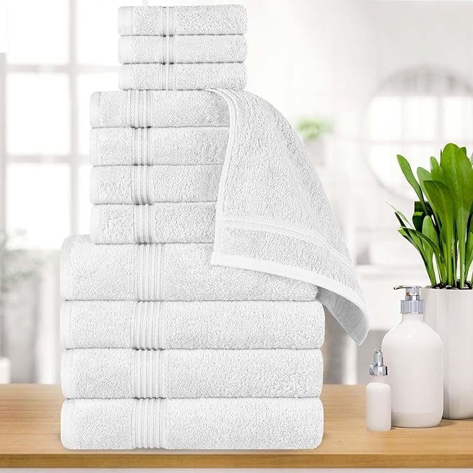 Superior Egyptian Cotton 12-Piece Towel Set, Assorted Towels for Home Bathroom, Guest Bath Decor Essentials, Includes 4 Bath, 4 Hand, 4 Face Towels/Washcloths, Quick Dry, Absorbent - White