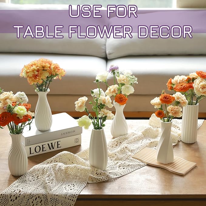 6 Pack Ceramic Bud Vases Set | 7" Roman Column-Inspired White Ceramic Vases with Textured Finish | Boho Modern Mini Vases for Home Decor, Fresh/Dried Flowers Centerpiece, Living Room Table Ornament