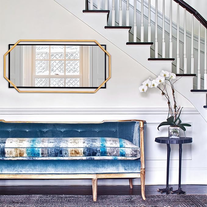Large Black and Gold Frame Bathroom Mirror,Decorative Wall Mirror with Modern Metal Octagonal for Living Room, Bedroom, Dining Room, Entryway (46.5" x 23")
