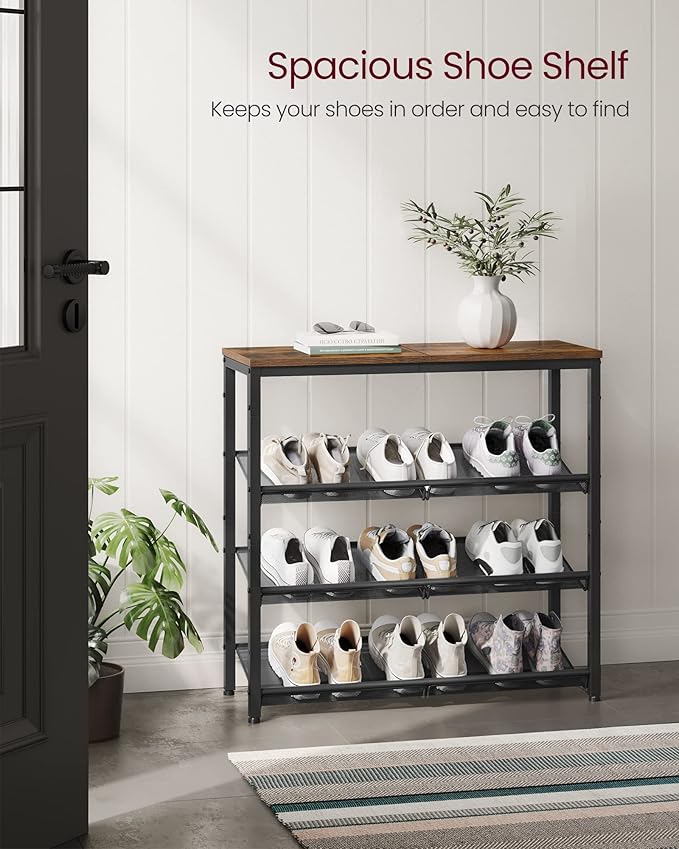 VASAGLE Shoe Rack for Entryway, 4-Tier Shoe Rack Organizer with Storage Shelves and Spacious Top, Freestanding, Adjustable, Industrial, Rustic Brown and Ink Black ULBS040B01