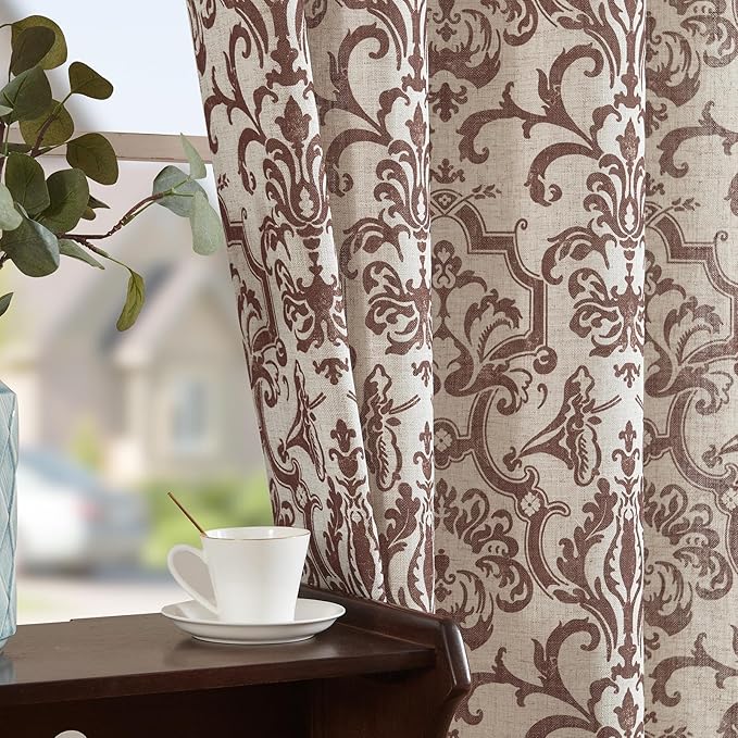 jinchan Linen Curtains for Bedroom Brown Damask Patterned 90 Inches Long for Living Room Light Filtering Vintage Curtains Baroque Style Drapes Grommet Window Treatments 2 Panels Set
