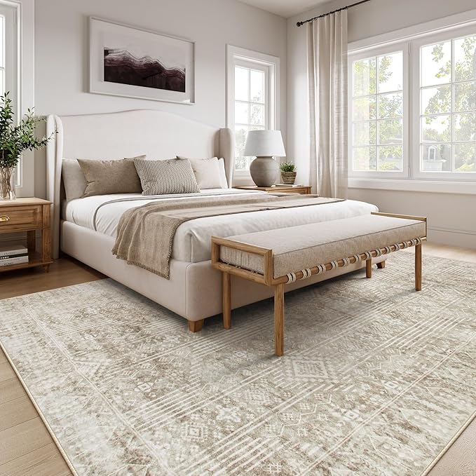 Lahome Neutral Boho Rugs for Bedroom 8x10, Farmhouse Rug for Living Room, Beige Cream Carpet for Dining Room, Soft Rubber Backed Non-Slip Carpets for Home Office