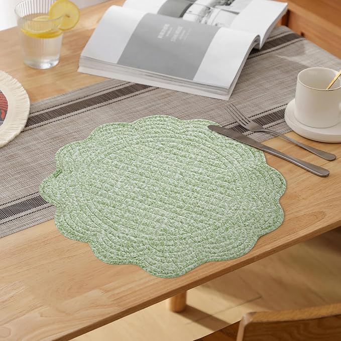 HOMBYS Quilted Placemats Set of 6 Washable Round Placemats for Kitchen Table-100% Cotton Fabric 13 Inch Round Table Mats, Cotton Fabric with Microfiber Filling, (13"x13", White & Green Flower)