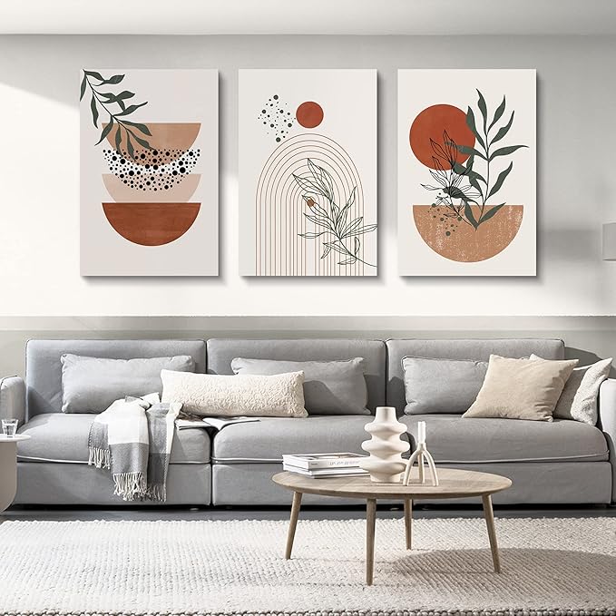 Boho Wall Art Prints,Boho Wall Decor, Mid Century Modern Wall Art,Set of 3 Prints, Abstract Geometric Prints Black Beige Terracotta Minimalist Art, Natural Framed Canvas Prints Artwork For Living Room
