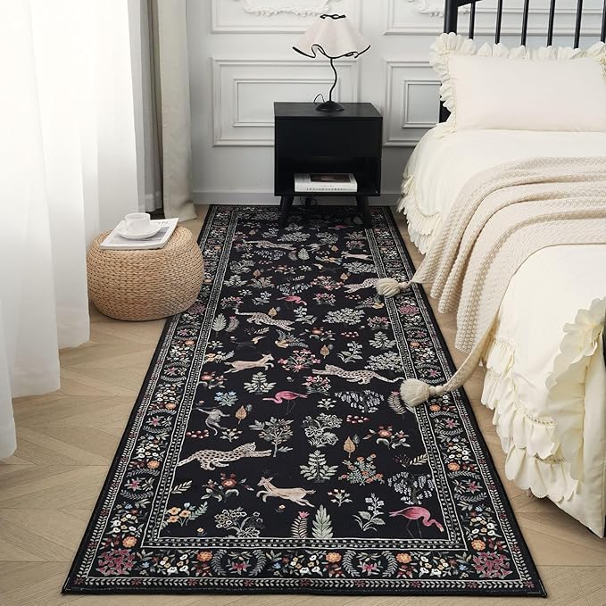 Runner Rug for Kitchen Rug Non Slip 2'x6' Washable Rugs with Rubber Backing Soft Floral Animal Carpet Runner for Kitchen, Laundry, Bedroom, Bathroom (Black)