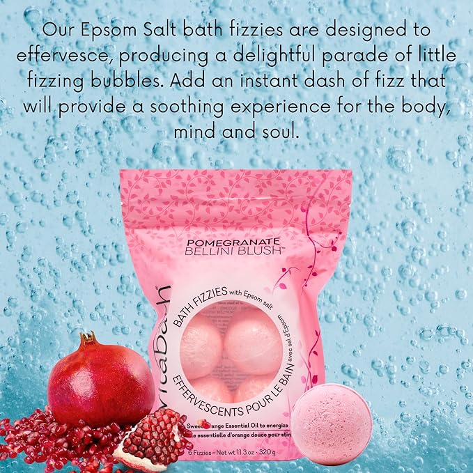 Vitabath Pomegranate Bellini Blush Bath Fizzies with Epsom Salt Relax Nourish Unwind Body & Mind Calming Aromatherapy for Muscle Soreness & Reviving Skin Nourishment - 6 Count