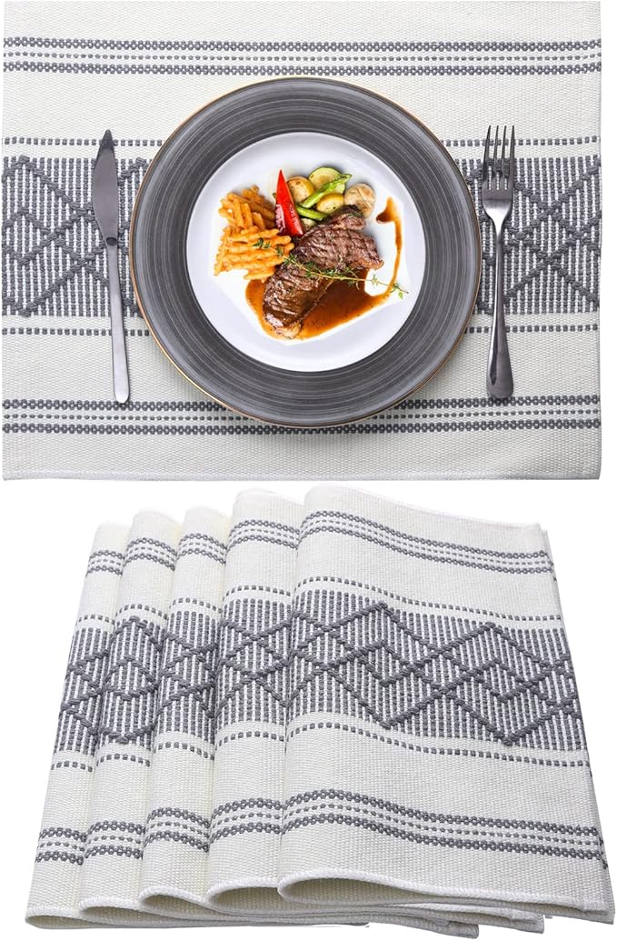 LUFEIJIASHI Elegant Thick placemats for Dining Table Decor Farmhouse Heat Resistant Table Place mats Set of 6 Quality Woven Cloth Placemats Washable Dinner mats (Grey, 6)