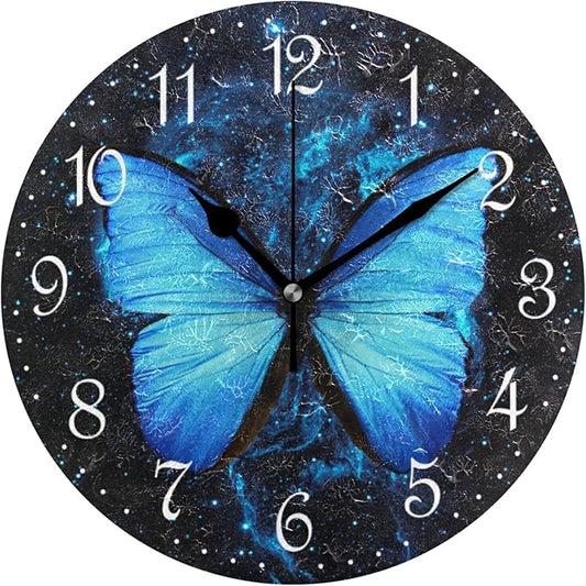 ALAZA Stylish 3D Blue Butterfly Round Wall Clock Battery Operated Quartz Galaxy Quiet Home Kitchen Decor Wall Clocks 10 Inch