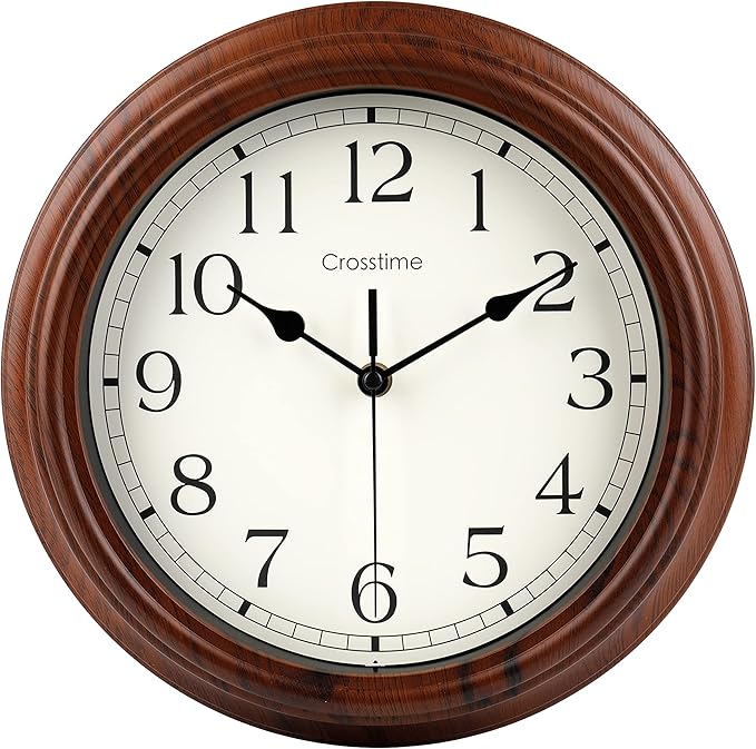 Wall Clock, Wood Grain Silent Non-Ticking Classic Retro, Battery Operated Wall Clocks for Living Room Kitchen Bathroom Home Decor- 12 Inch,Brown,Waterproof