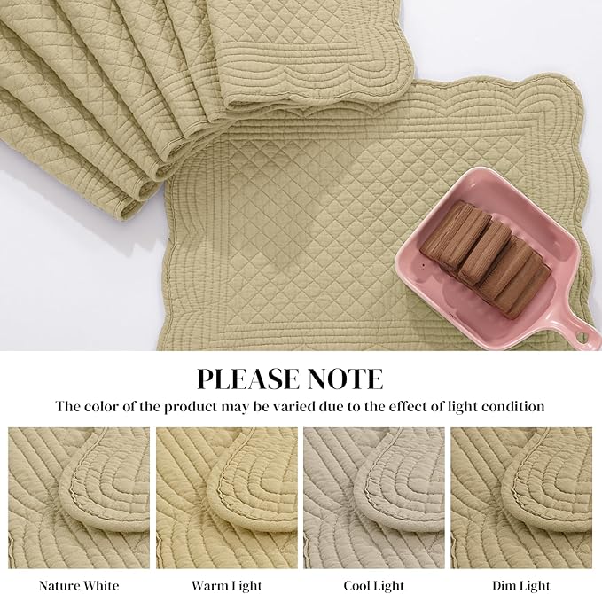 HOMBYS Quilted Placemats Set of 6 Washable-13x18 inches Rectangular Placemats for Kitchen Table-100% Cotton Fabric Rectangular Table Mats, (Khaki)