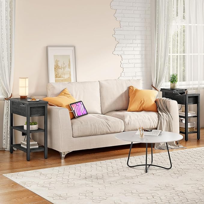 HOOBRO End Table with Charging Station, Narrow Side Table, Flip Top Nightstand with USB Ports and Outlets, Bedside Tables with Shelf for Small Spaces, Living Room, Charcoal Black BC341BZ01