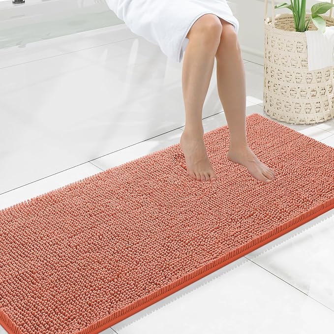 Smiry Luxury Chenille Bathroom Rugs 59x20, Extra Soft and Absorbent Shaggy Bath Mat, Machine Washable, Non-Slip Plush Carpet Runner for Tub, Shower, and Floor, Home Decor Accessories, Coral