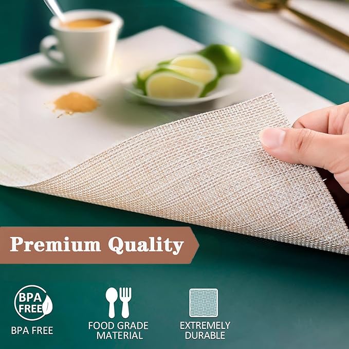 Beige Placemats Set of 4 - Heat Resistant Non-Slip Place mats for Dining Table, Washable Durable PVC Vinyl Woven Table Mats (Beige, 4)
