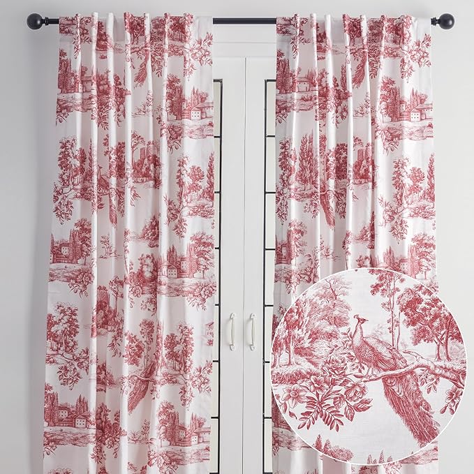 Maison d' Hermine Curtains for Living Room 100% Cotton 108 inch Length Two Panels Light Filtering Toile Curtains for Bedroom Windows with Rod and Loop Pockets Drapes (Trianon Red, 50" W x 108" L)