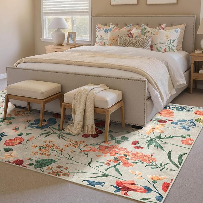 Beige Area Rug 3x5 Office Floral Boho Door Mat Indoor Washable Kitchen Carpet Non Slip Bedroom Low Pile Lightweight Soft Throw Rug for Living Dining Room Bathroom