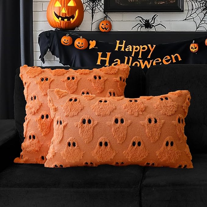 4TH Emotion Halloween Ghost Decorative Pillow Covers 16x16 Set of 2, Orange Soft Plush Faux Fur Farmhouse Throw Cushion Cases for Fall Autumn Holiday Home Decorations