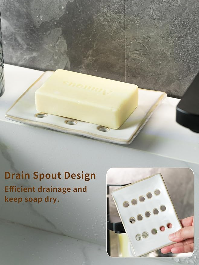 Soap Dish with Drain Spout, Bar Soap Holder for Bathroom and Kitchen Sink (White)