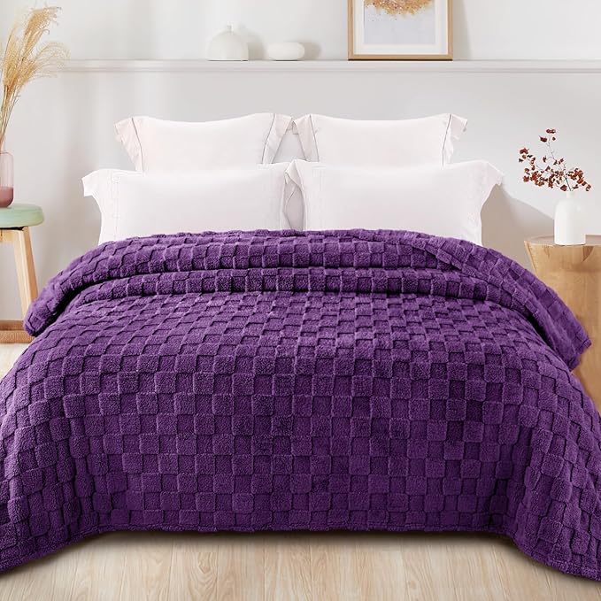 Exclusivo Mezcla Queen Size Flannel Fleece Blanket, Super Soft and Warm Lightweight Checkered Pattern Blankets for All Seasons, 90x90 Inches, Purple