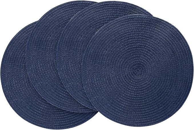 Floroom 15 Inch Round Braided Placemats Set of 4, Washable Heat Resistant Cotton Polyester Circle Place Mats for Kitchen Dining Table - Navy Blue