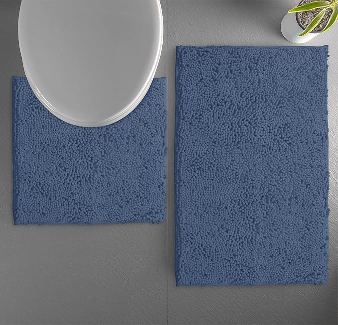 LuxUrux Bathroom Rugs Sets 2 Piece: Quick Dry, Soft Plush Anti-Slip, Super Absorbent. Includes Rectangular (31x20 inches) & U-Shaped Toilet Mat (20x20 inches) | Medium Blue