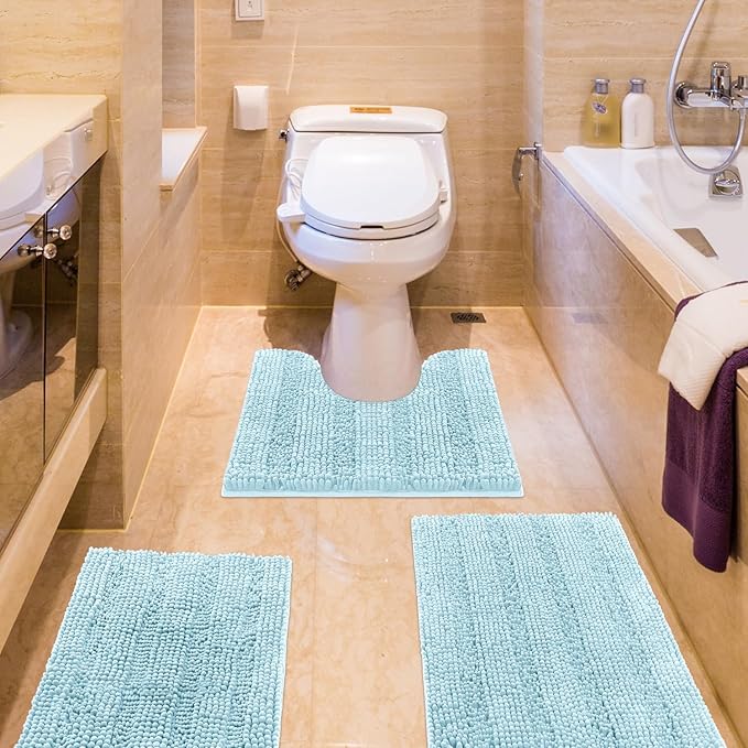 Striped Spa Blue Bathroom Rug Set 3 Pieces Ultra Soft, Non Slip Chenille Bath Carpet, Absorbent Plush Shaggy Bath Mats for Bathroom, Toilet, Bedroom, Kitchen